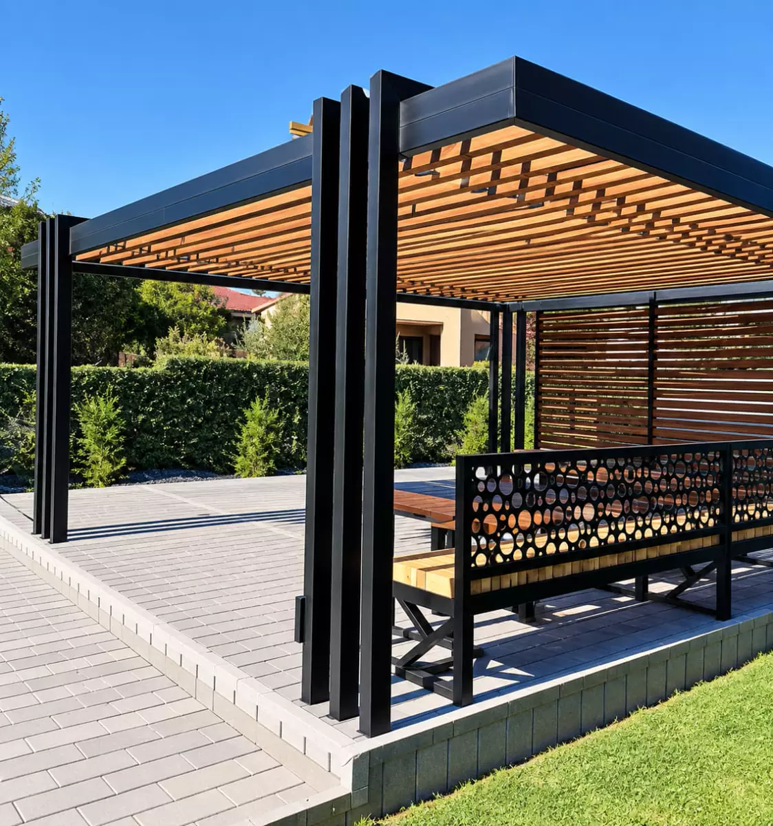 Black steel pergola with wooden slats
